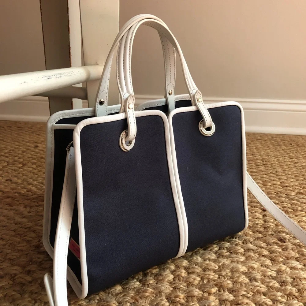 New: Kate Spade Sam Canvas Satchel. Navy with White Leather.